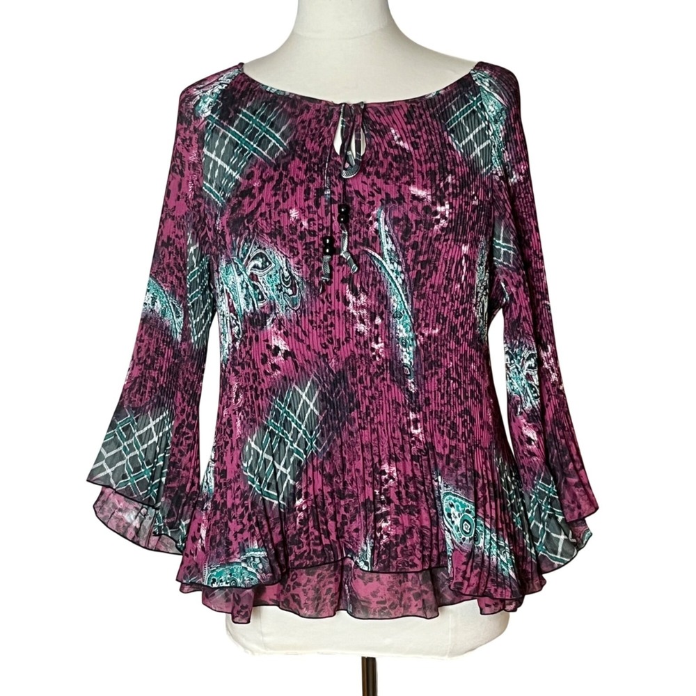 Womens Blouse 2X Purple Paisley Boho Bell Sleeve‎ Pleated Semi Sheer Dark Fairy